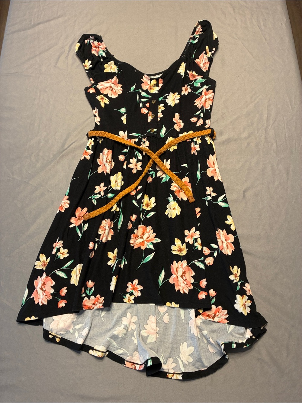 NOBO Black Floral High-Low Dress with Peach and Yellow Blooms and Mustard Belt